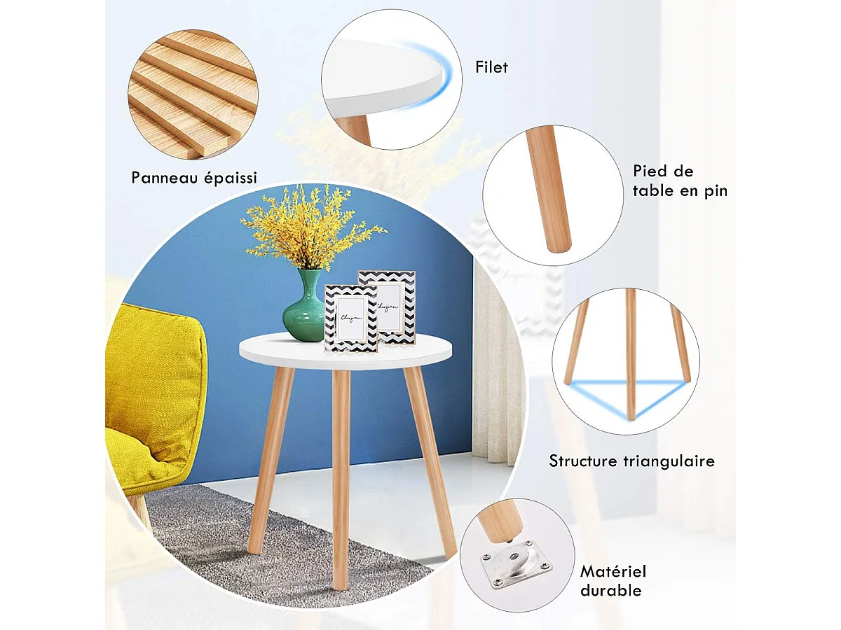 Table Basse Ronde Style Scandinave Moderne en MDF et Bois de Pin, Dim. Ø40 x 48CM Blanc