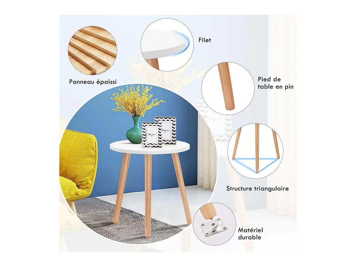 Table Basse Ronde Style Scandinave Moderne en MDF et Bois de Pin, Dim. Ø40 x 48CM Blanc