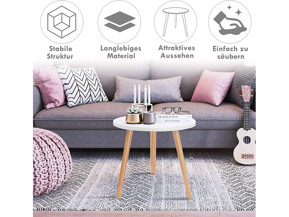 Moderne Scandinavische ronde salontafel in MDF en grenenhout, afm. Ø40 x 48 cm wit