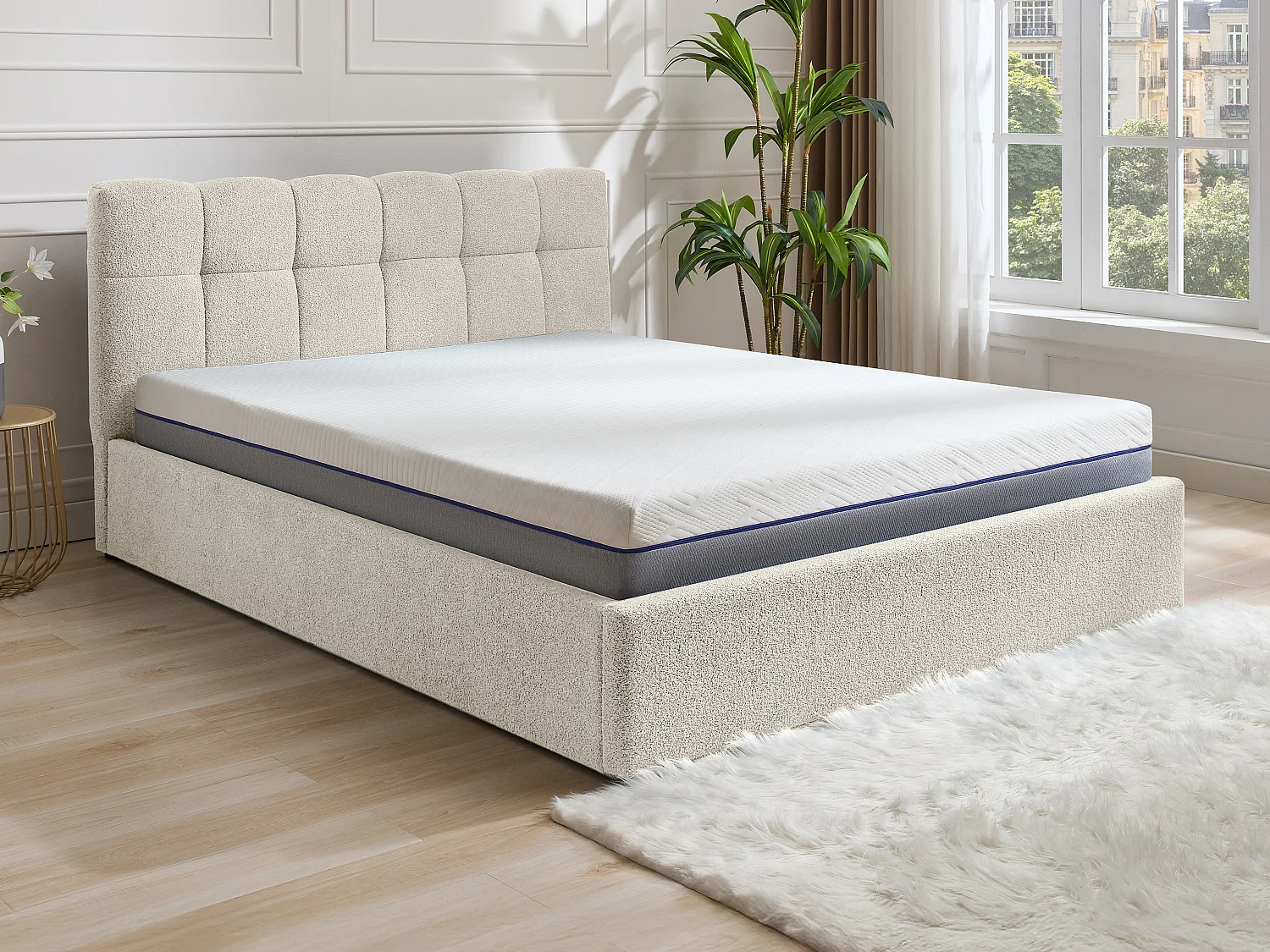 Bett mit Bettkasten + Matratze - 140 x 190 cm - Bouclé-Stoff - Weiß - MAZIRI