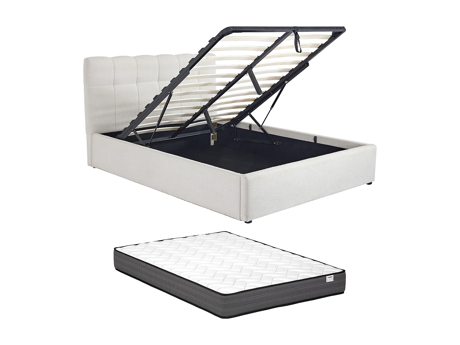 Bett mit Bettkasten + Matratze - 140 x 190 cm - Bouclé-Stoff - Weiß - MAZIRI