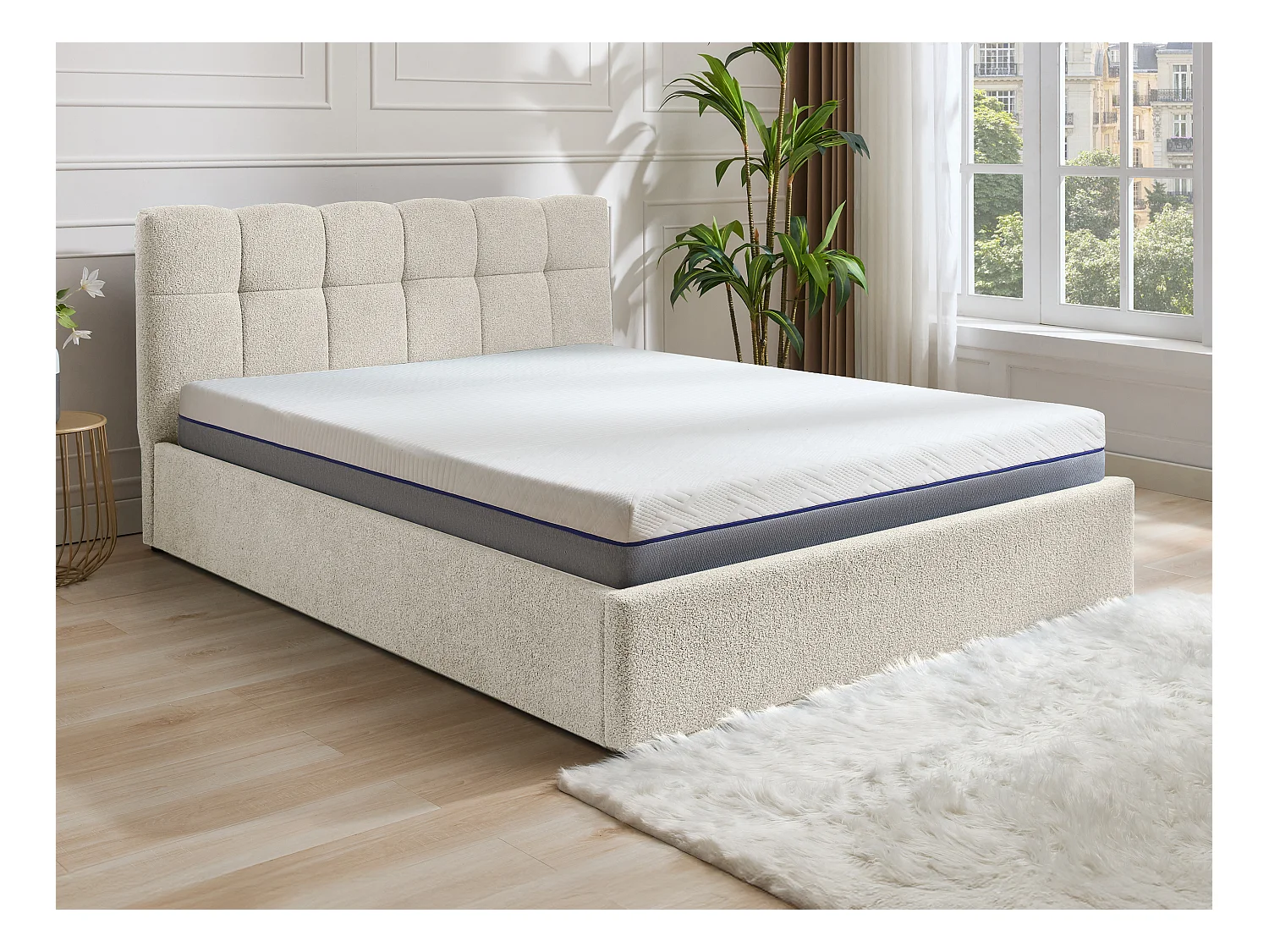 Lit coffre 140 x 190 cm - Tissu bouclette - Blanc + Matelas - MAZIRI