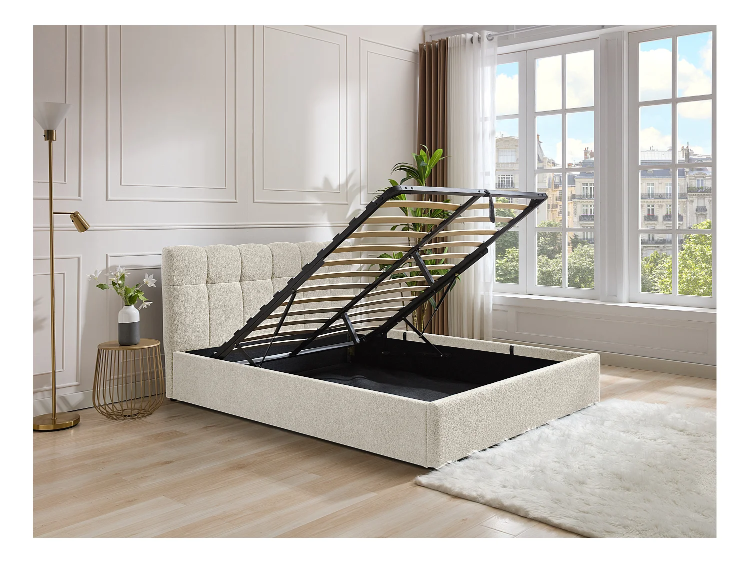 Lit coffre 140 x 190 cm - Tissu bouclette - Blanc + Matelas - MAZIRI