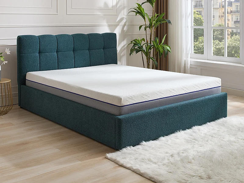 Bett mit Bettkasten + Matratze - 140 x 190 cm - Bouclé-Stoff - Blaugrün - MAZIRI