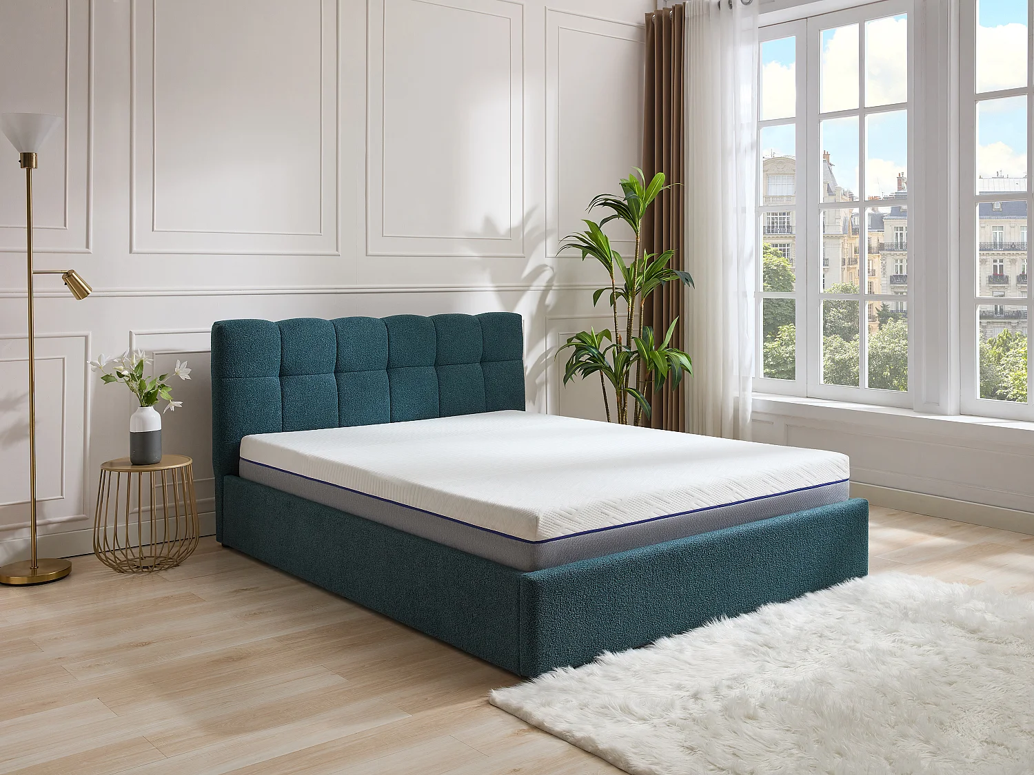 Lit coffre 140 x 190 cm - Tissu bouclette - Bleu canard + Matelas - MAZIRI