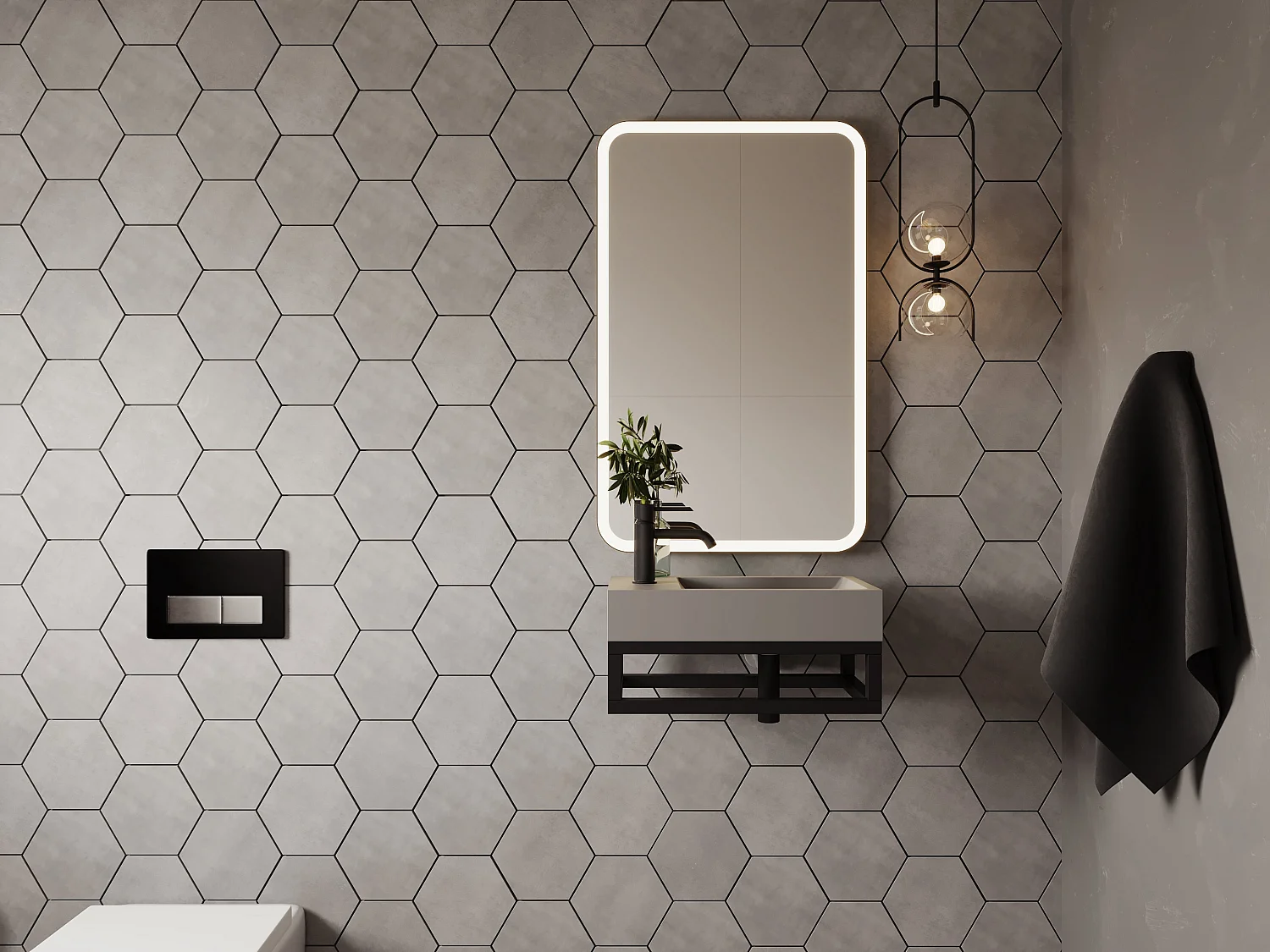 Lave main suspendu en béton avec support - Robinetterie à gauche - L40 x l22 cm - UCHAMI