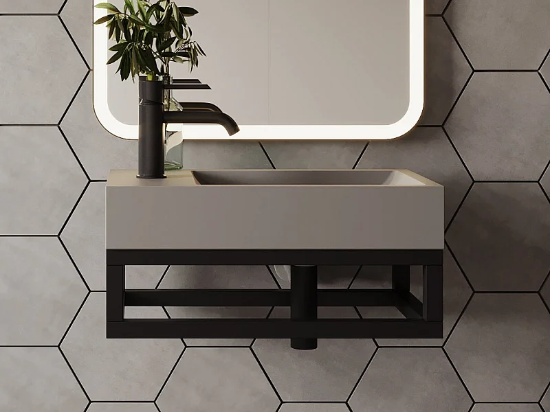 Oppheng håndvask i betong med oppheng - Armatur til venstre - B40 x d22 cm - UCHAMI