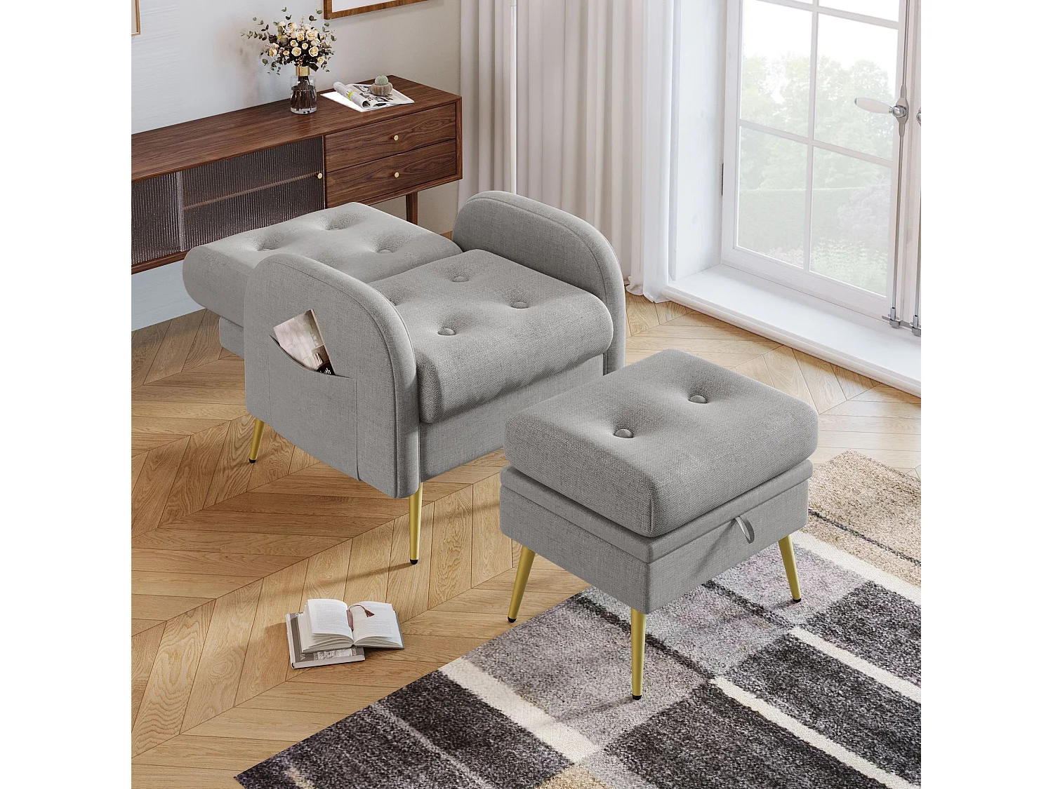 Loungestoel met voetensteun, in 3 standen verstelbare rugleuning, opbergvak,Grijs