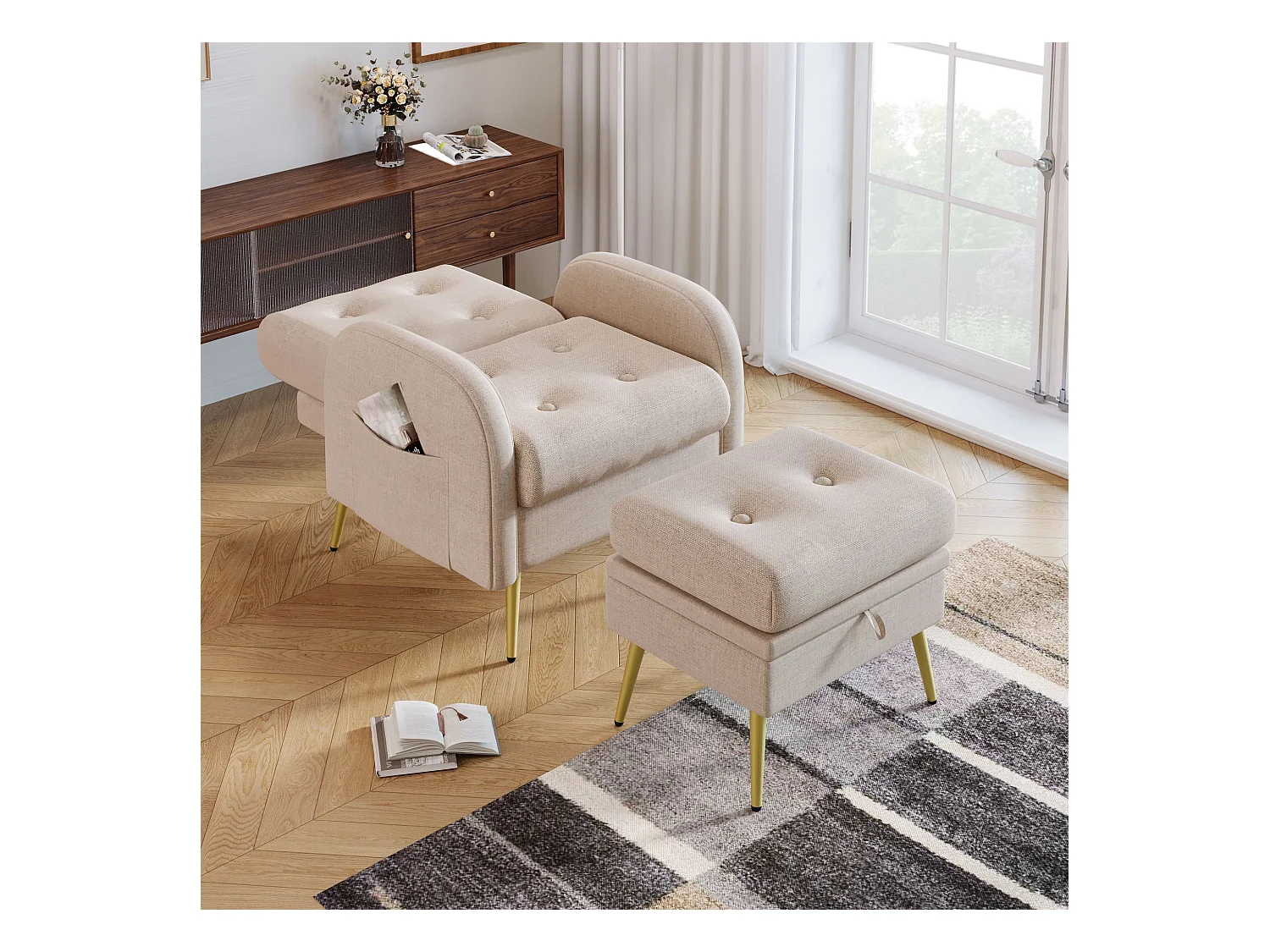 Fauteuil longue avec repose-pieds, dossier réglable en 3 positions, compartiment de rangement,Beige