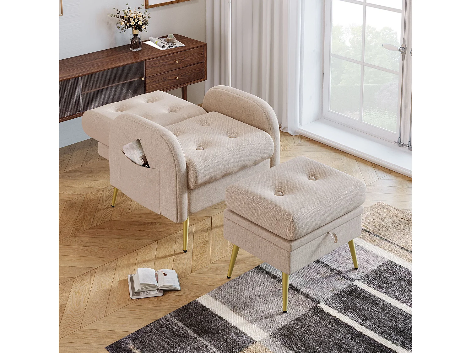 Fauteuil longue avec repose-pieds, dossier réglable en 3 positions, compartiment de rangement,Beige