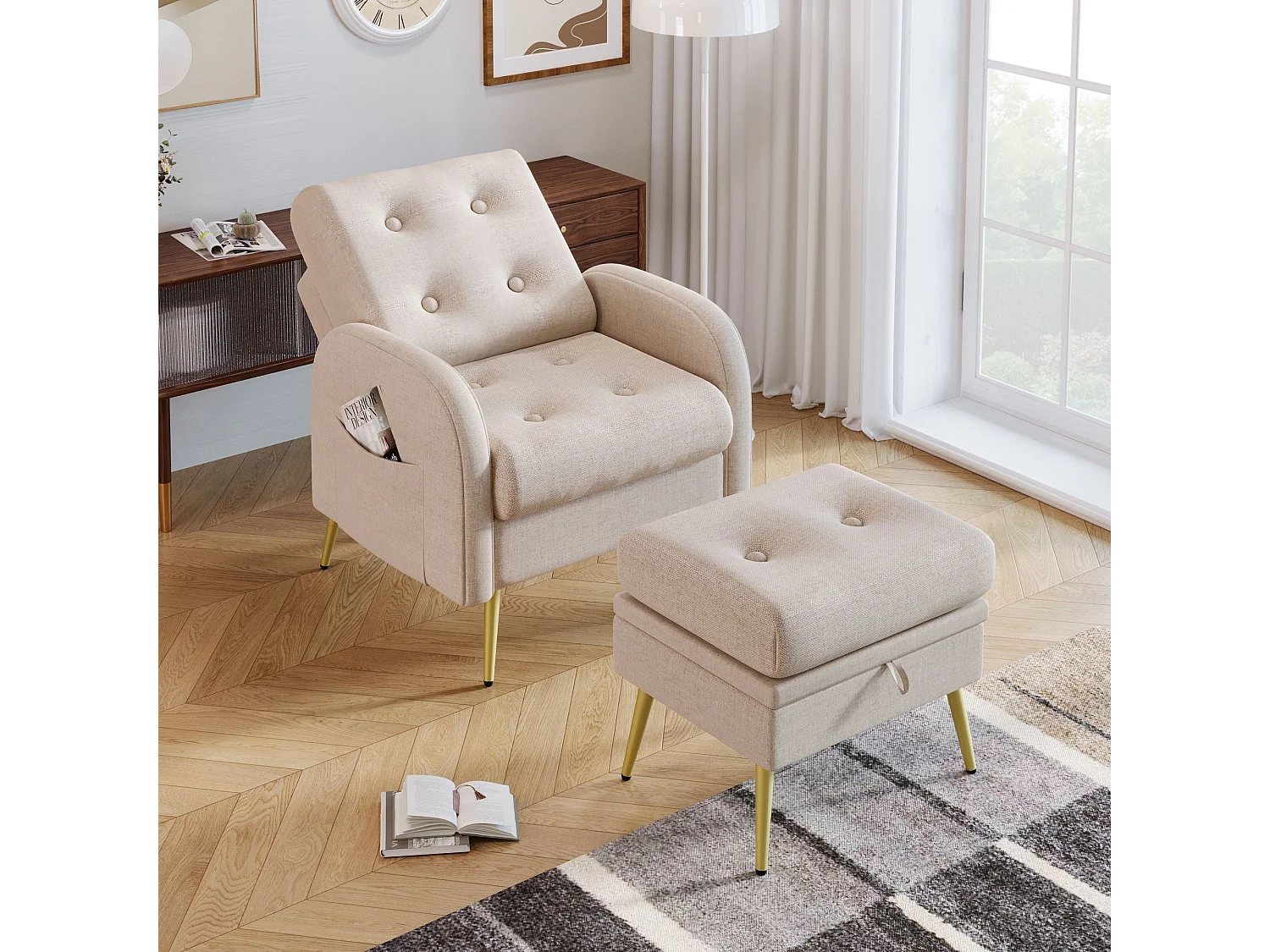Fauteuil longue avec repose-pieds, dossier réglable en 3 positions, compartiment de rangement,Beige