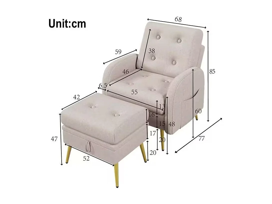 Fauteuil longue avec repose-pieds, dossier réglable en 3 positions, compartiment de rangement,Beige