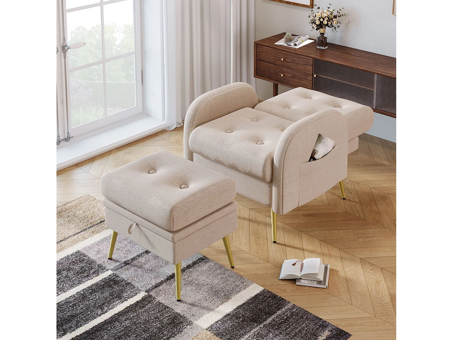Fauteuil longue avec repose-pieds, dossier réglable en 3 positions, compartiment de rangement,Beige