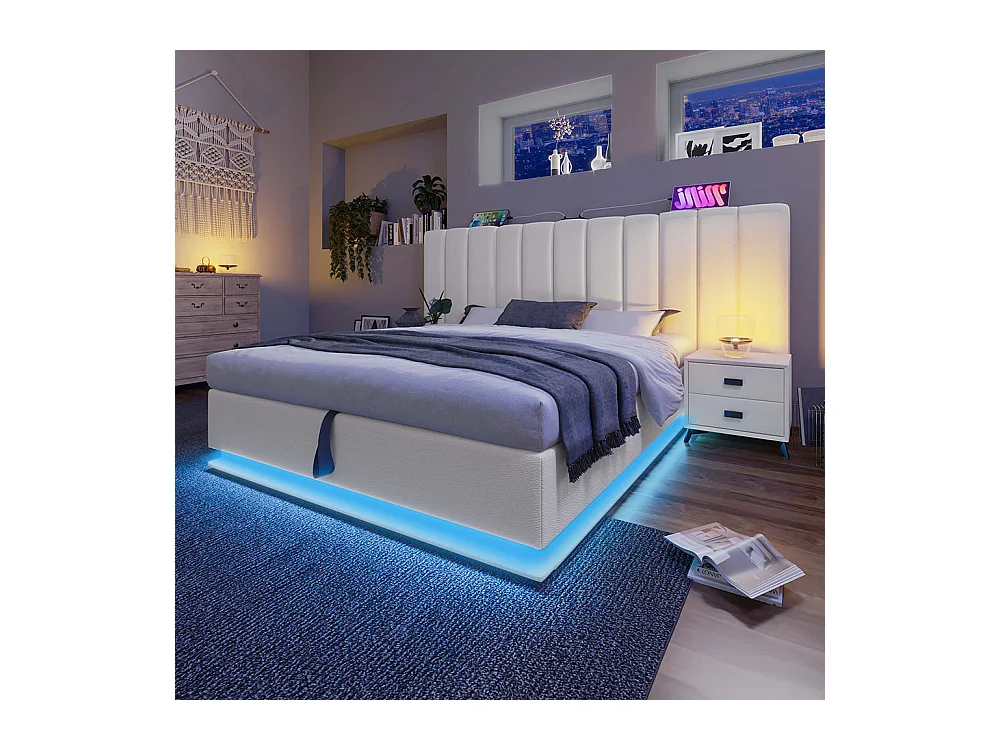 Lit double capitonné 160 x 200 avec app control LED et chargement USB-C, PU, blanc, sans tête de lit