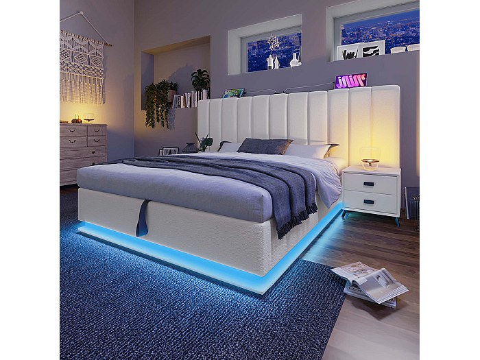 Letto contenitore 160x200, letto matrimoniale imbottito - con illuminazione a LED e porte USB - rete a doghe, sollevamento idraulico - design - Bianco
