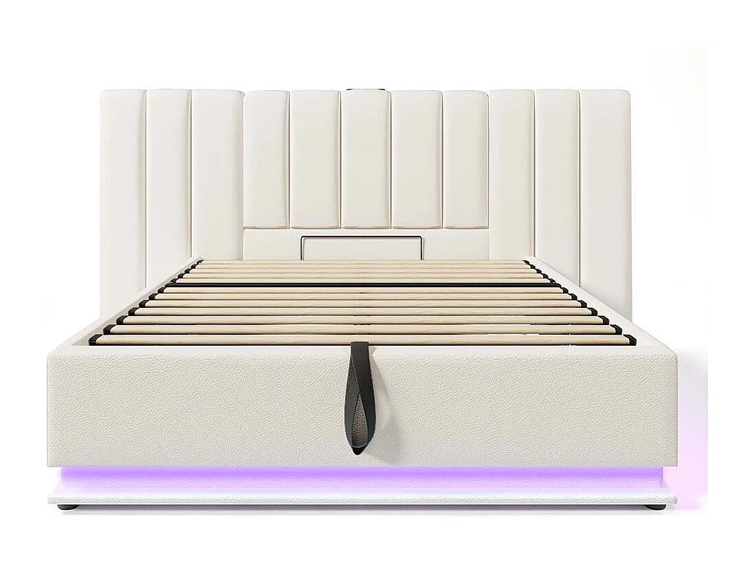 Letto matrimoniale imbottito 180 x 200 con app control LED e ricarica USB-C, PU, bianco, senza testata.
