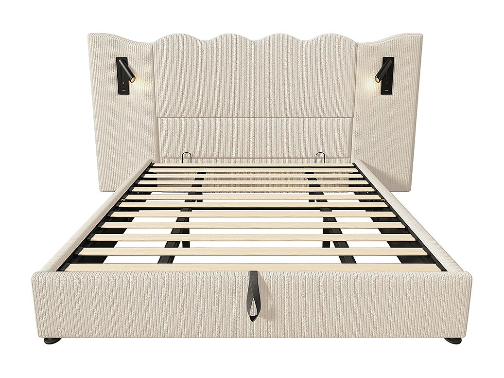 Lit double capitonné 180 x 200 avec liseuse et recharge USB Type-C, en bois massif et métal, beige, tissu velours côtelé