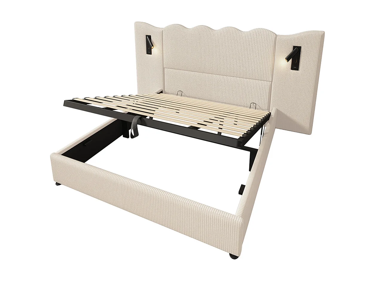 Lit double capitonné 180 x 200 avec liseuse et recharge USB Type-C, en bois massif et métal, beige, tissu velours côtelé