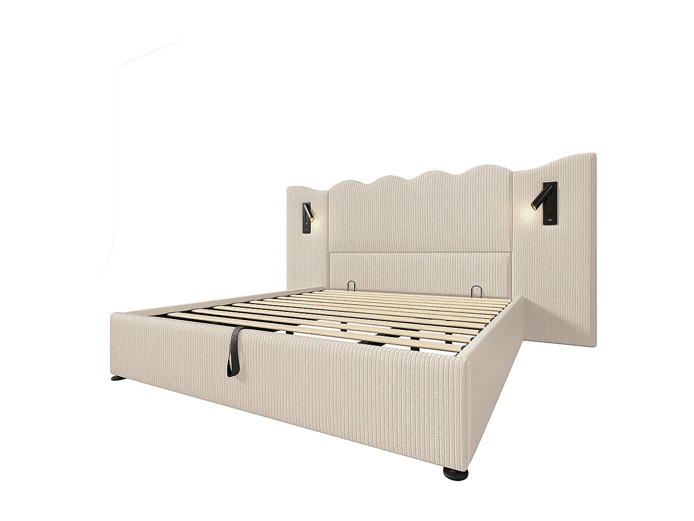 Lit double capitonné 180 x 200 avec liseuse et recharge USB Type-C, en bois massif et métal, beige, tissu velours côtelé