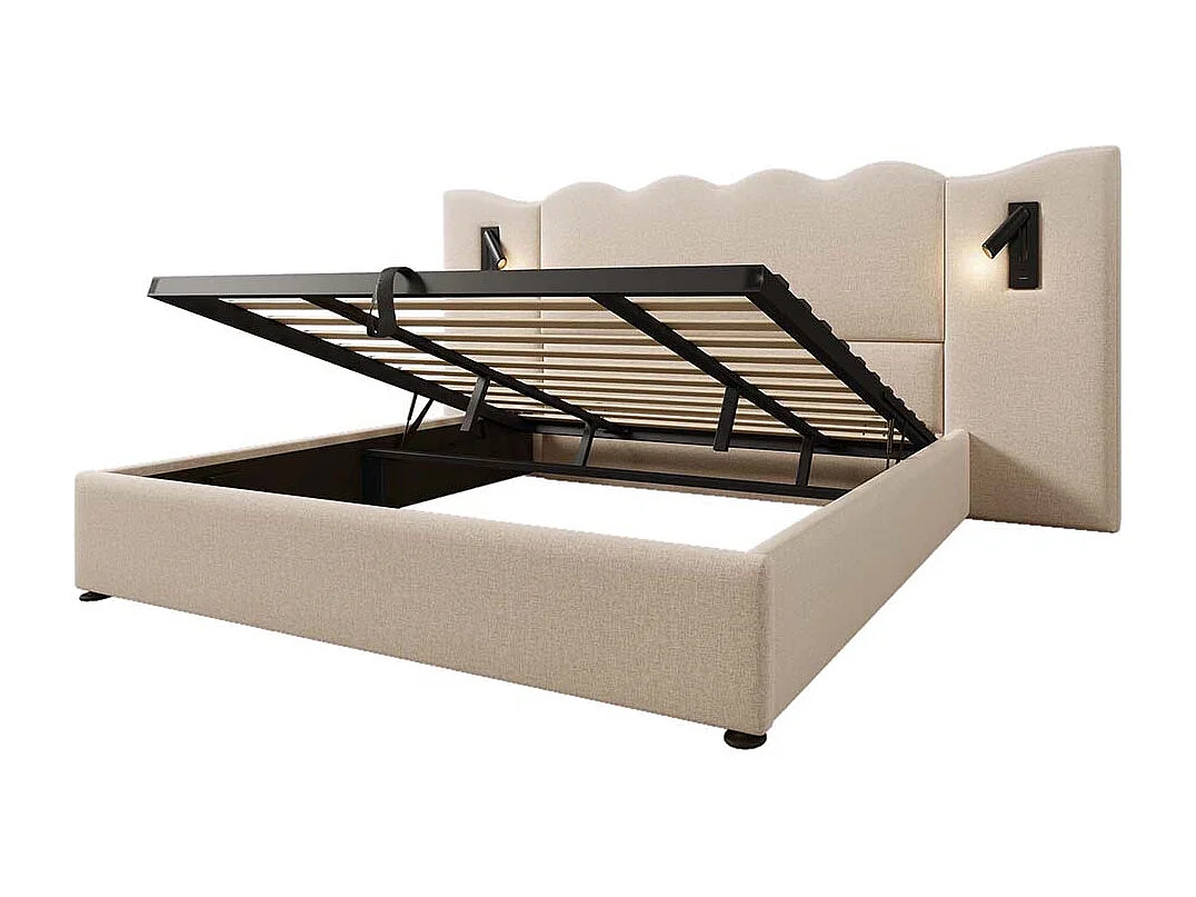 Lit double capitonné 180 x 200 avec liseuse et chargeur USB Type-C avec cadre en bois massif et lattes, Beige, Linen