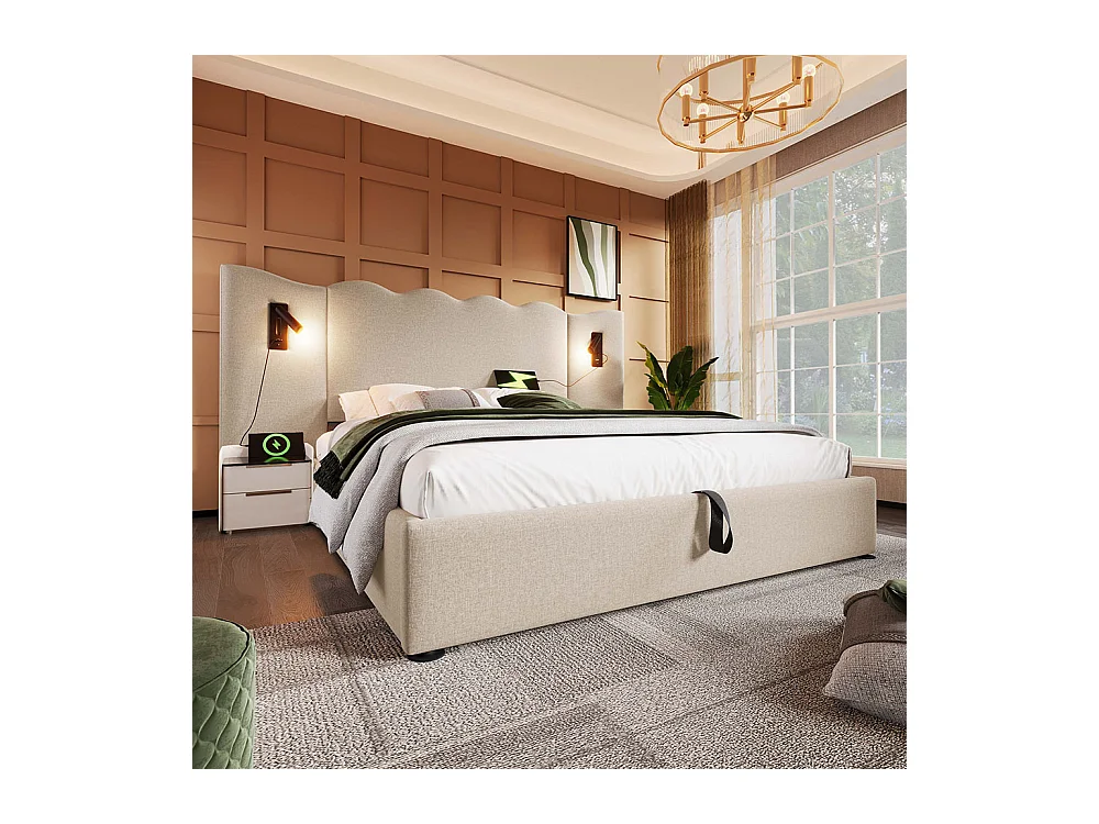 Lit double capitonné 180 x 200 avec liseuse et chargeur USB Type-C avec cadre en bois massif et lattes, Beige, Linen