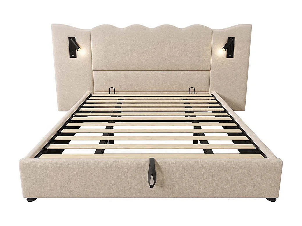 Gestoffeerd tweepersoonsbed 180 x 200 met leeslampje en USB Type-C lader met massief houten frame en lattenbodem, beige, linnen
