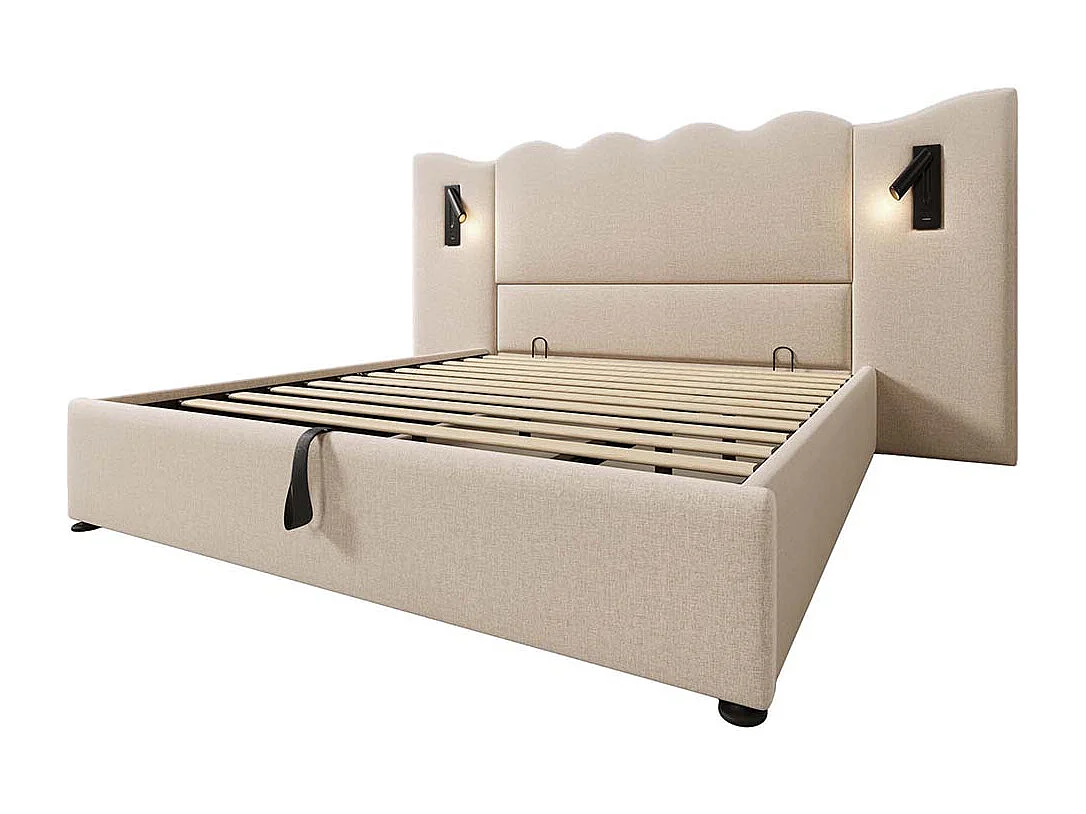Gestoffeerd tweepersoonsbed 180 x 200 met leeslampje en USB Type-C lader met massief houten frame en lattenbodem, beige, linnen