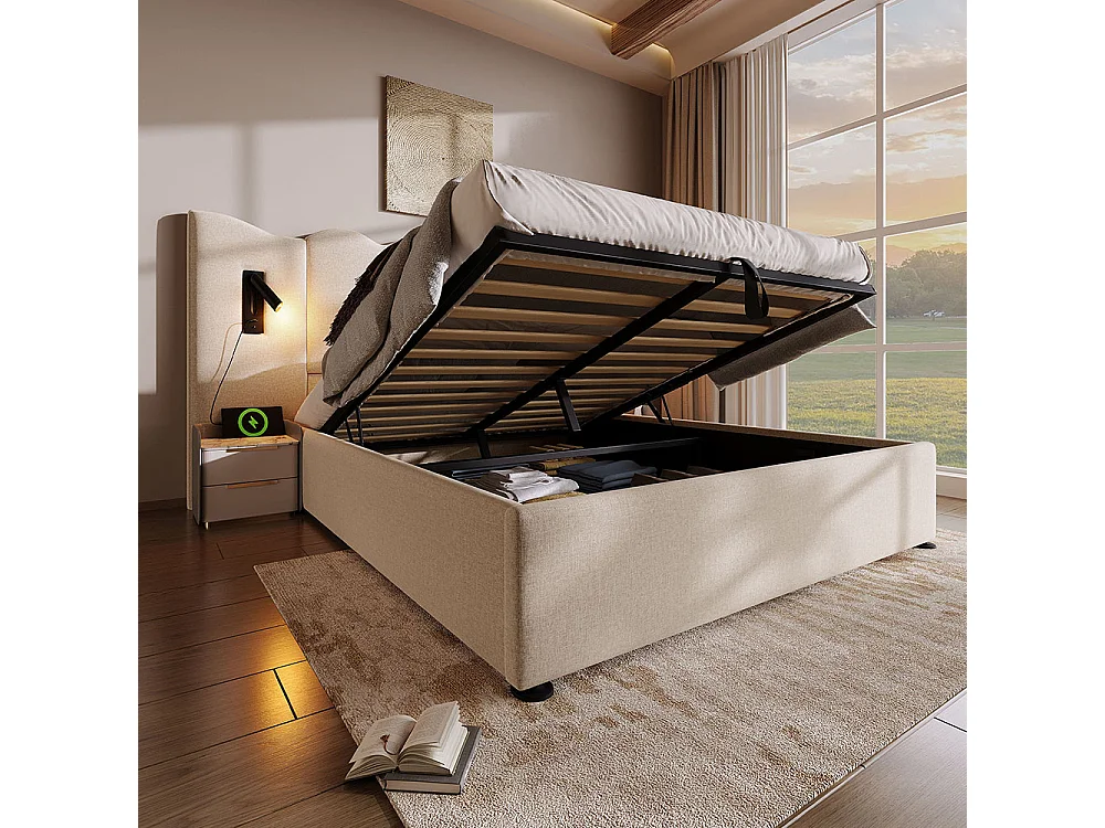 Lit double capitonné 160 x 200 avec liseuse et chargeur USB Type-C, avec cadre en bois massif et lattes, beige, lin.