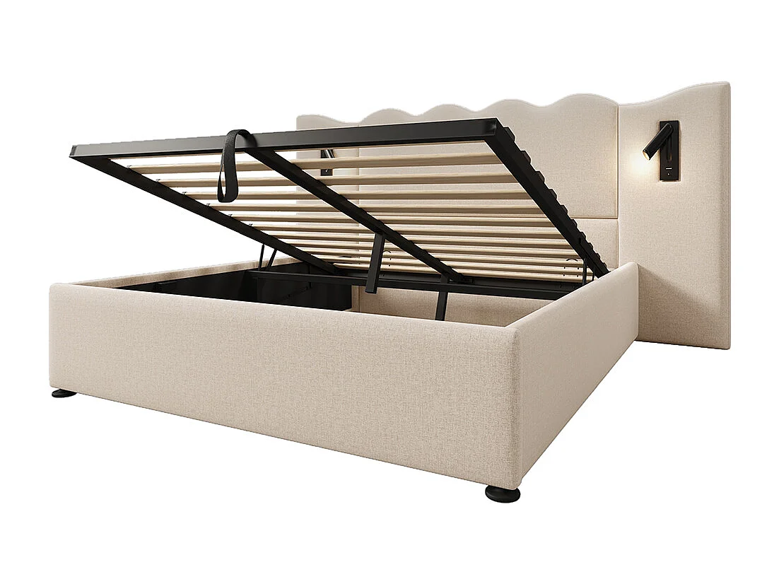 Lit double capitonné 160 x 200 avec liseuse et chargeur USB Type-C, avec cadre en bois massif et lattes, beige, lin.