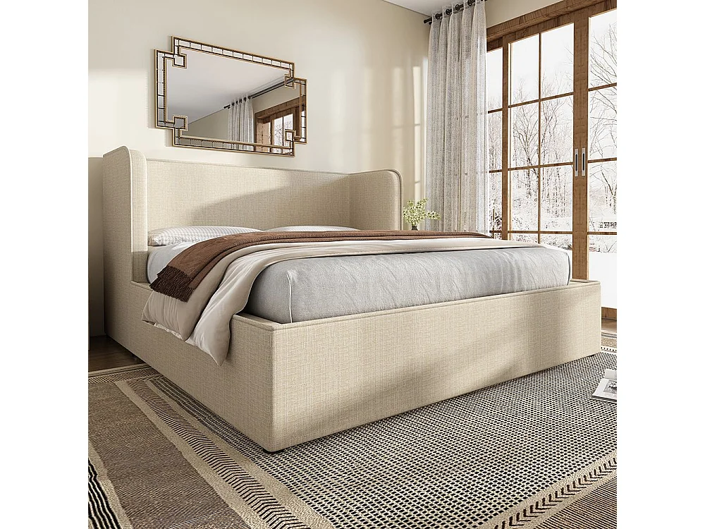 Cama de casal estofada 160 x 200 com prateleiras laterais largas e estrado amovível, linho, bege