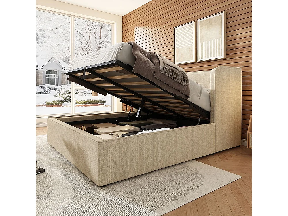 Cama de casal estofada 160 x 200 com prateleiras laterais largas e estrado amovível, linho, bege