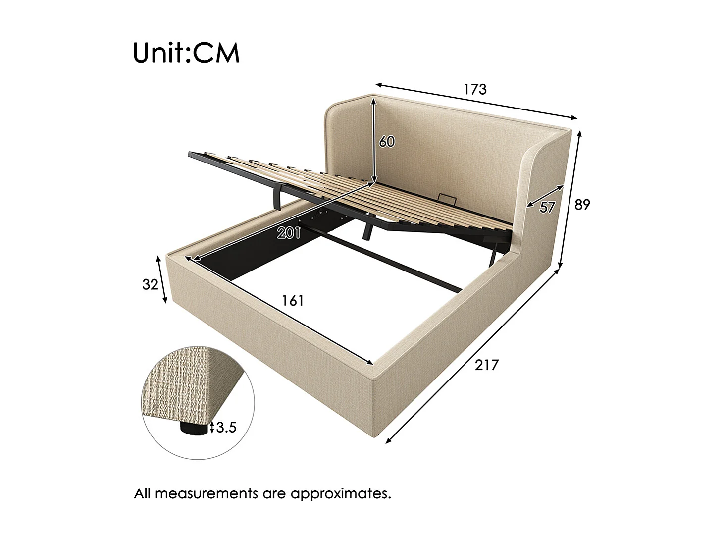 Cama de casal estofada 160 x 200 com prateleiras laterais largas e estrado amovível, linho, bege