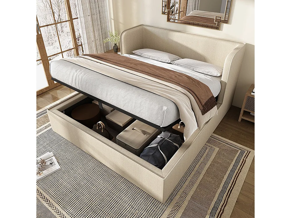 Cama de casal estofada 160 x 200 com prateleiras laterais largas e estrado amovível, linho, bege