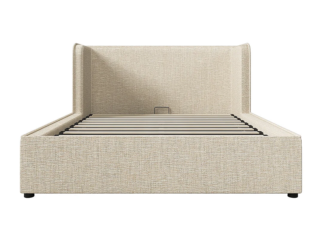 Cama de casal estofada 160 x 200 com prateleiras laterais largas e estrado amovível, linho, bege