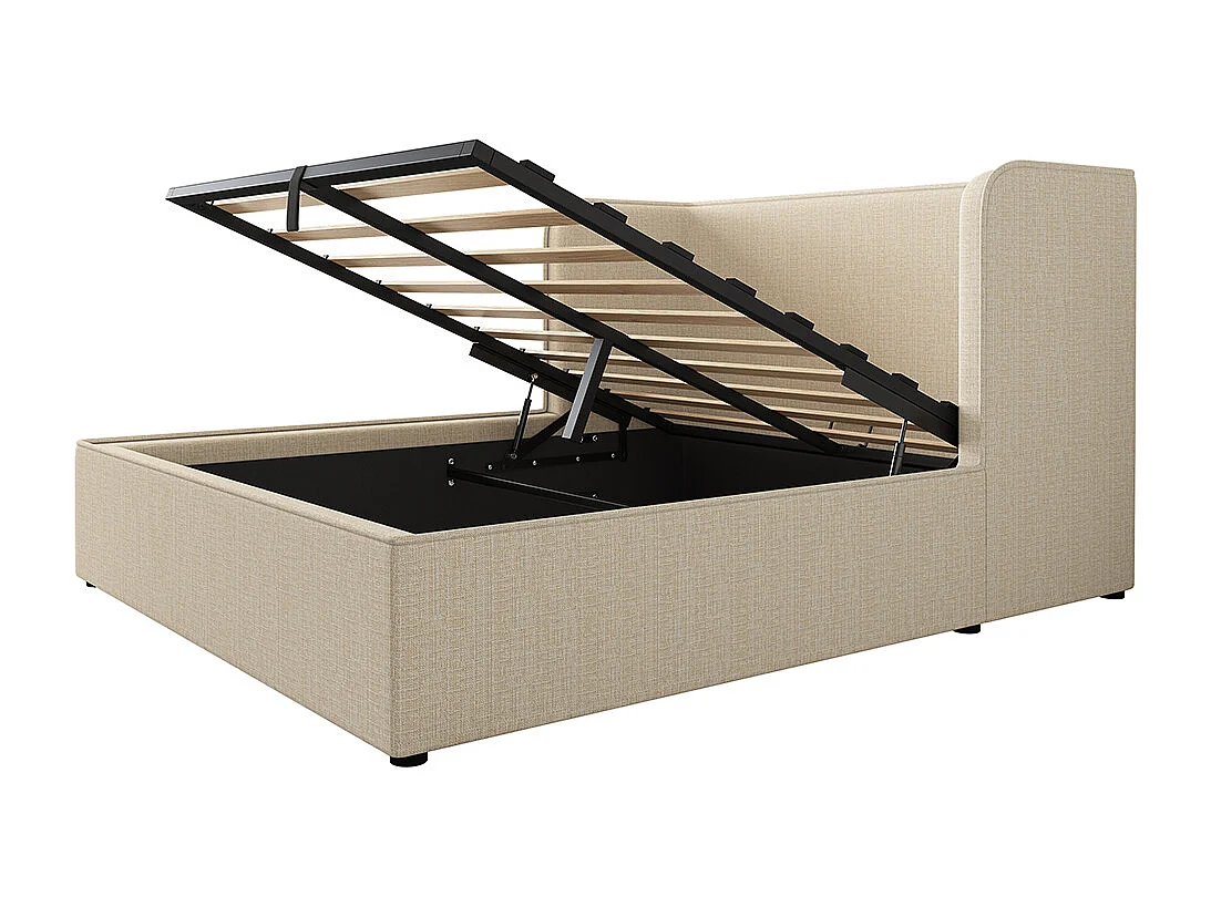 Cama de casal estofada 160 x 200 com prateleiras laterais largas e estrado amovível, linho, bege