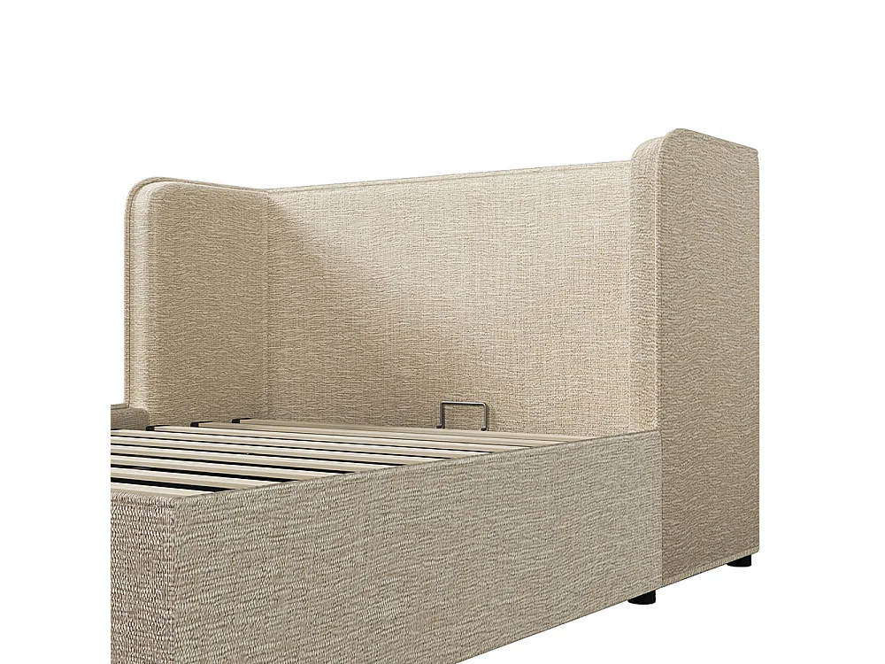 Cama de casal estofada 160 x 200 com prateleiras laterais largas e estrado amovível, linho, bege