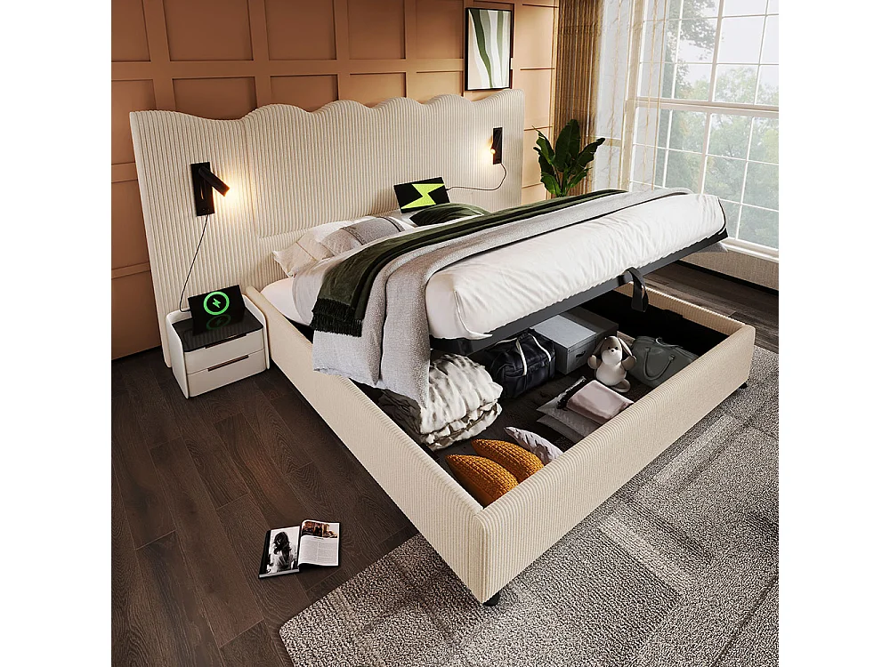 Lit double capitonné 160 x 200, avec liseuse et recharge USB Type-C, beige, tissu velours côtelé.