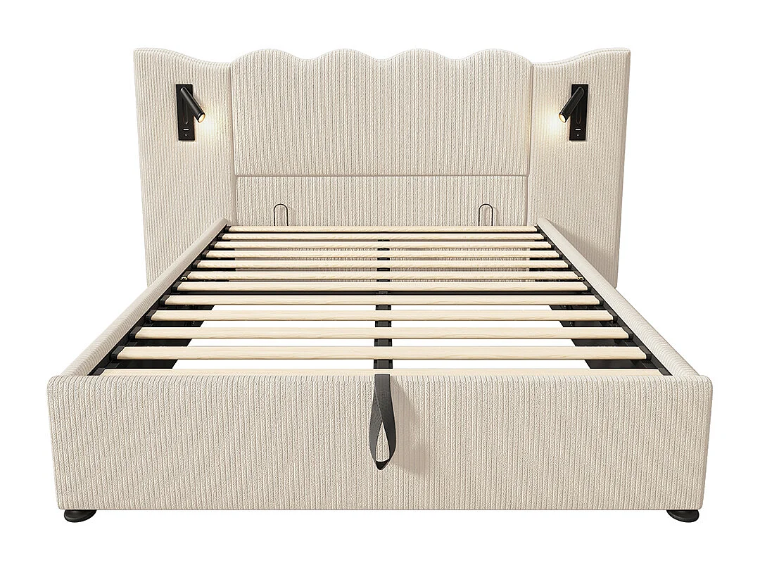 Lit double capitonné 160 x 200, avec liseuse et recharge USB Type-C, beige, tissu velours côtelé.