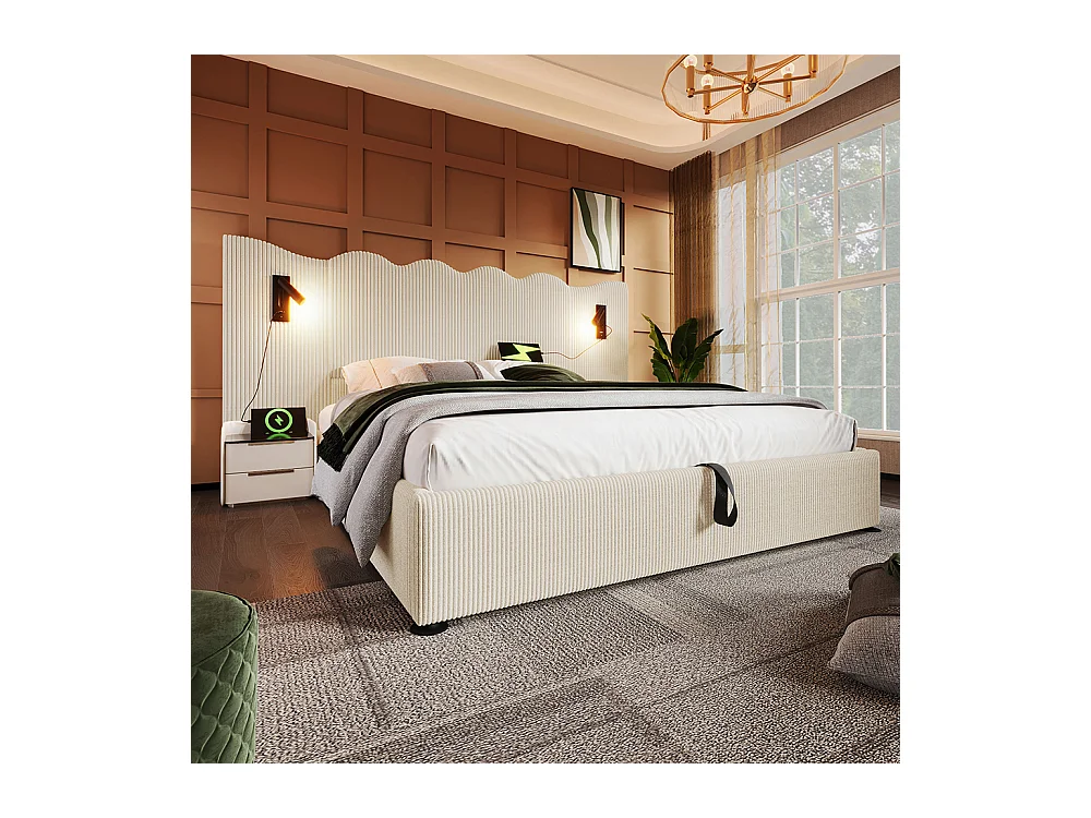 Letto matrimoniale imbottito 160 x 200, con luce di lettura e ricarica USB Type-C, beige, tessuto a coste.