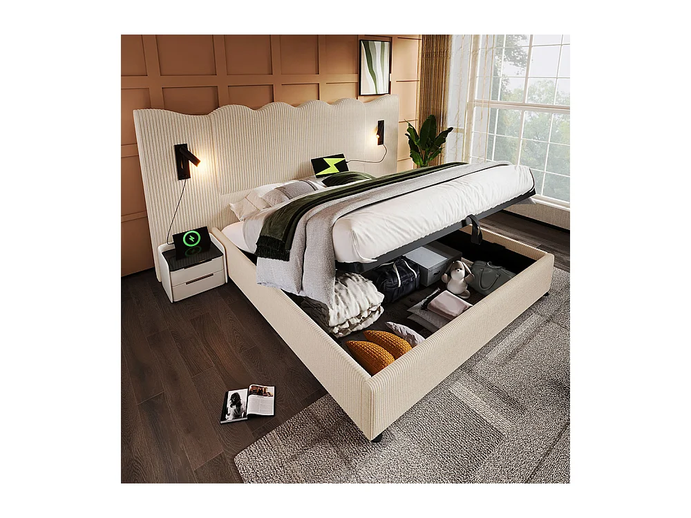 Letto matrimoniale imbottito 160 x 200, con luce di lettura e ricarica USB Type-C, beige, tessuto a coste.