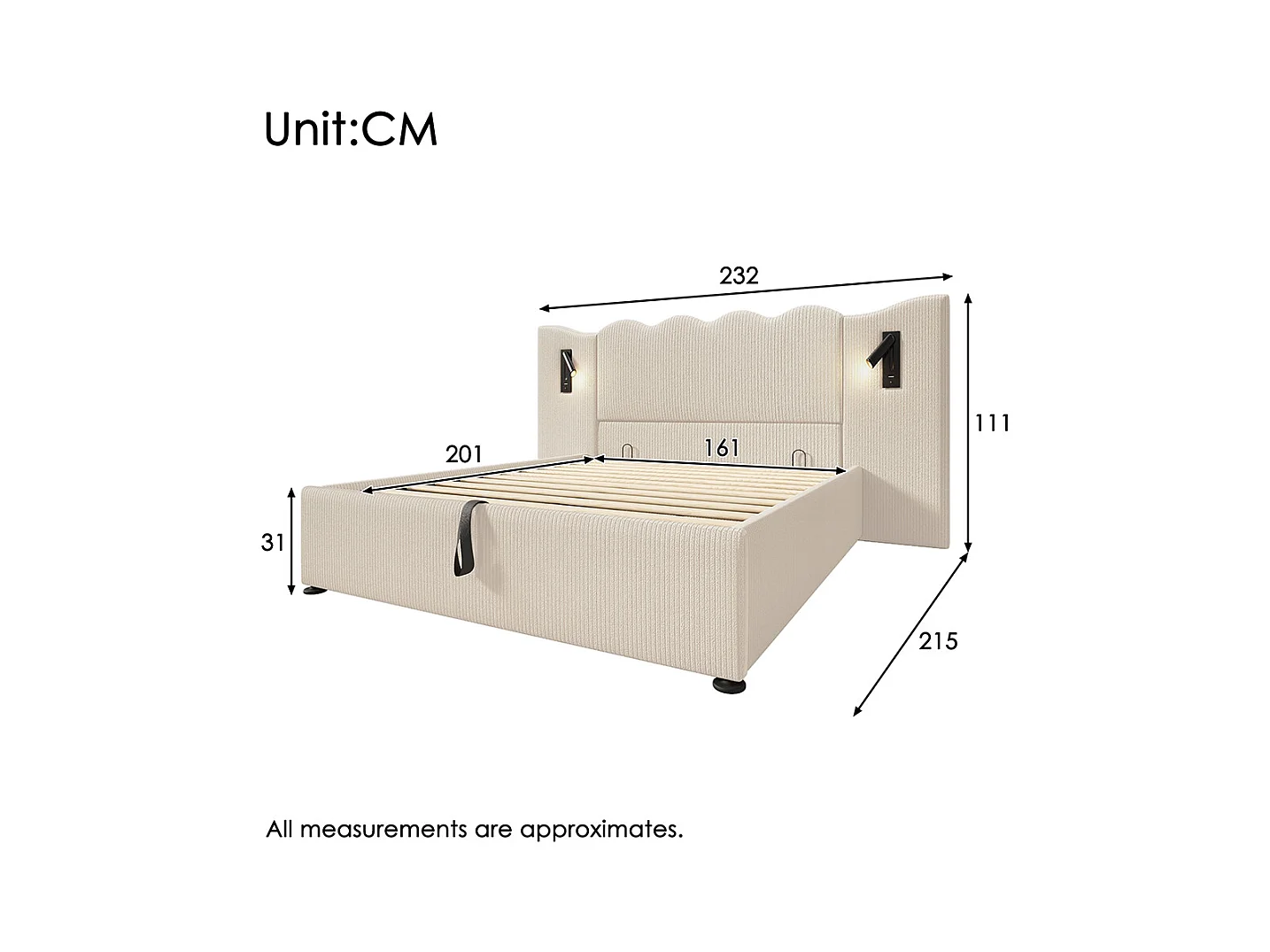 Letto matrimoniale imbottito 160 x 200, con luce di lettura e ricarica USB Type-C, beige, tessuto a coste.