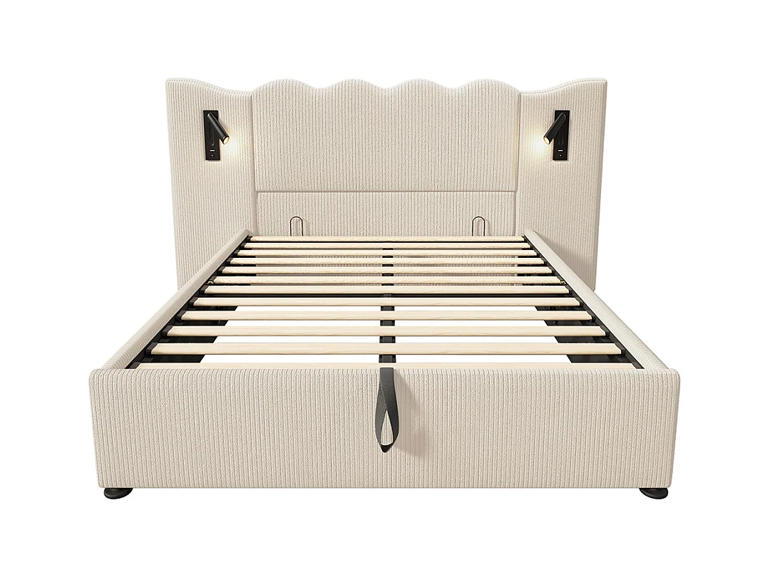 Letto matrimoniale imbottito 160 x 200, con luce di lettura e ricarica USB Type-C, beige, tessuto a coste.