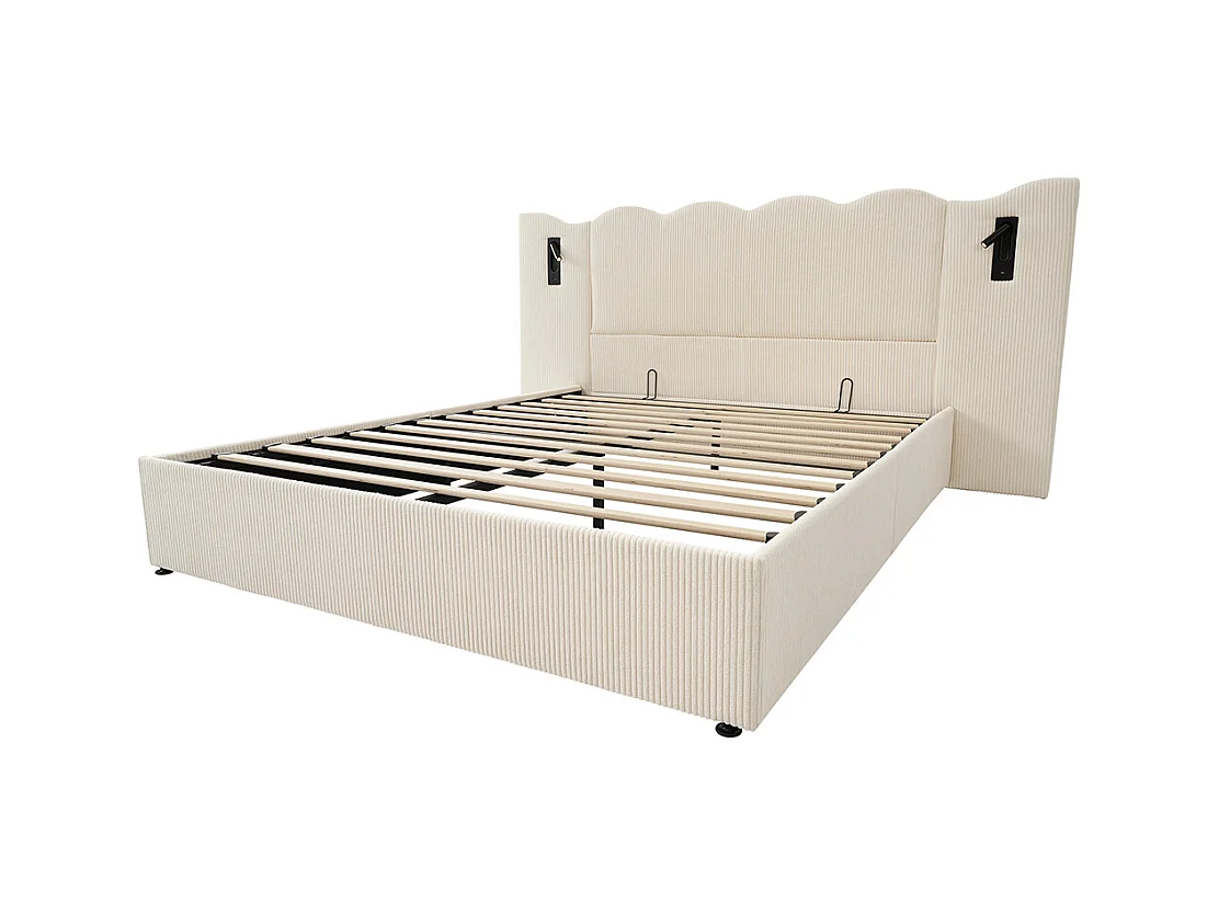 Letto matrimoniale imbottito 160 x 200, con luce di lettura e ricarica USB Type-C, beige, tessuto a coste.