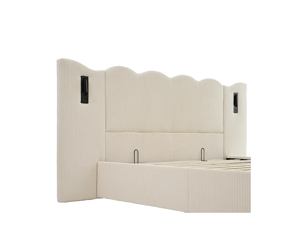 Letto matrimoniale imbottito 160 x 200, con luce di lettura e ricarica USB Type-C, beige, tessuto a coste.