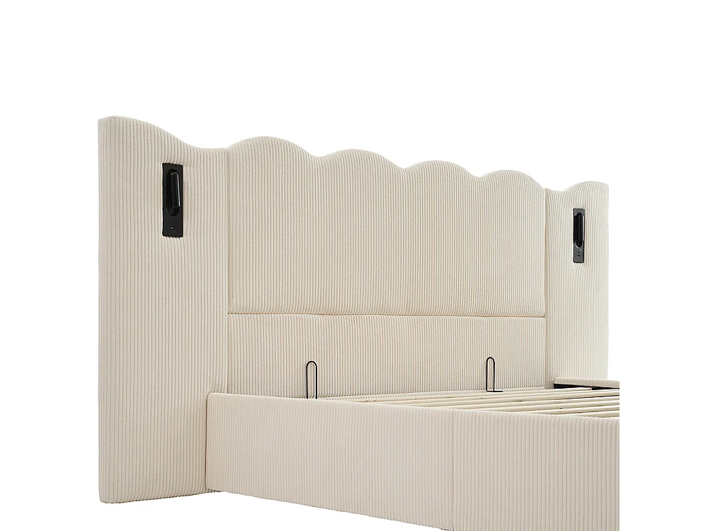 Letto matrimoniale imbottito 160 x 200, con luce di lettura e ricarica USB Type-C, beige, tessuto a coste.