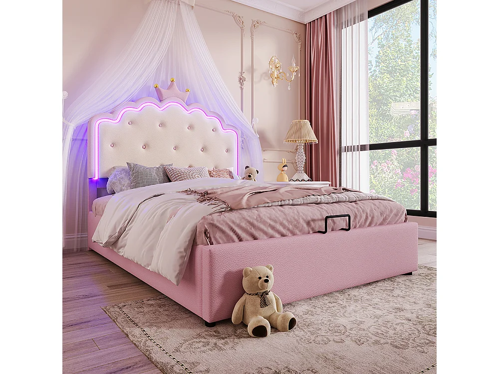 Lit rembourré 140 x 200 cm, avec lumière d'ambiance télécommandée, couronne de forme princesse, PU, rose