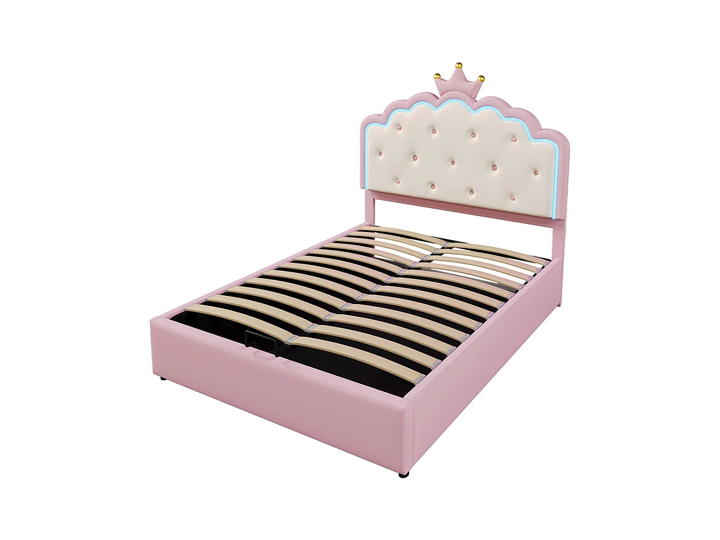 Lit rembourré 140 x 200 cm, avec lumière d'ambiance télécommandée, couronne de forme princesse, PU, rose