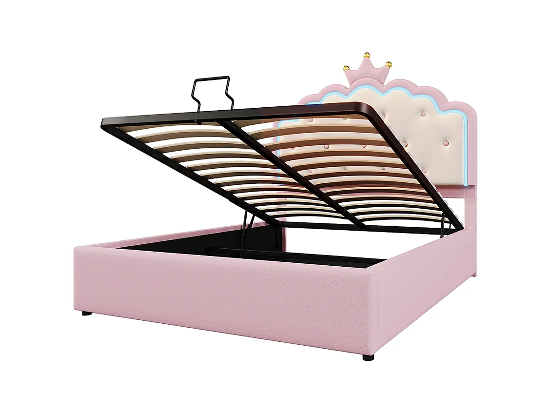 Lit rembourré 140 x 200 cm, avec lumière d'ambiance télécommandée, couronne de forme princesse, PU, rose