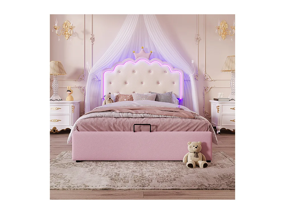 Lit rembourré 140 x 200 cm, avec lumière d'ambiance télécommandée, couronne de forme princesse, PU, rose