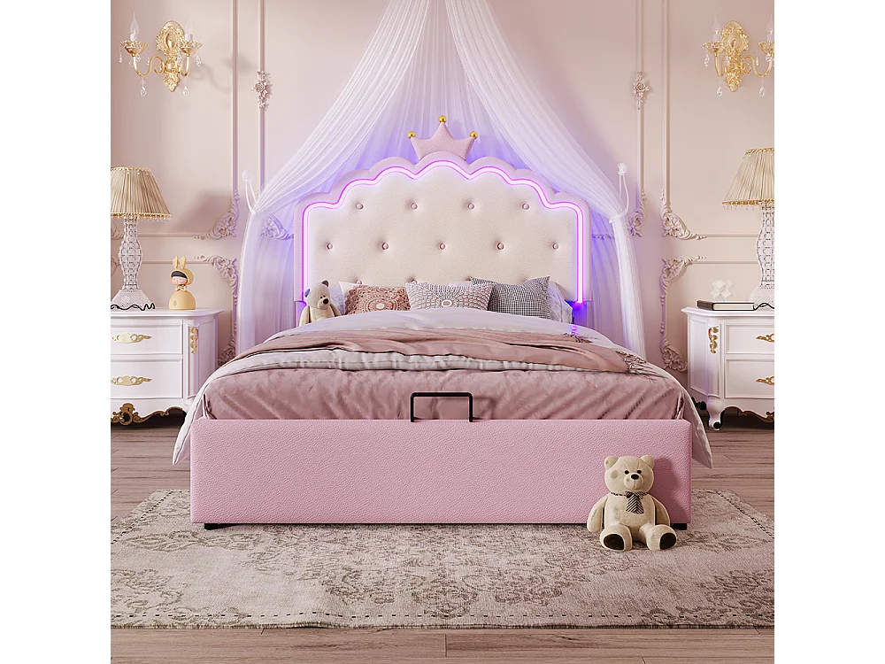 Lit rembourré 140 x 200 cm avec sommier à lattes Éclairage d'ambiance LED, forme princesse, rangement hydraulique,  rose